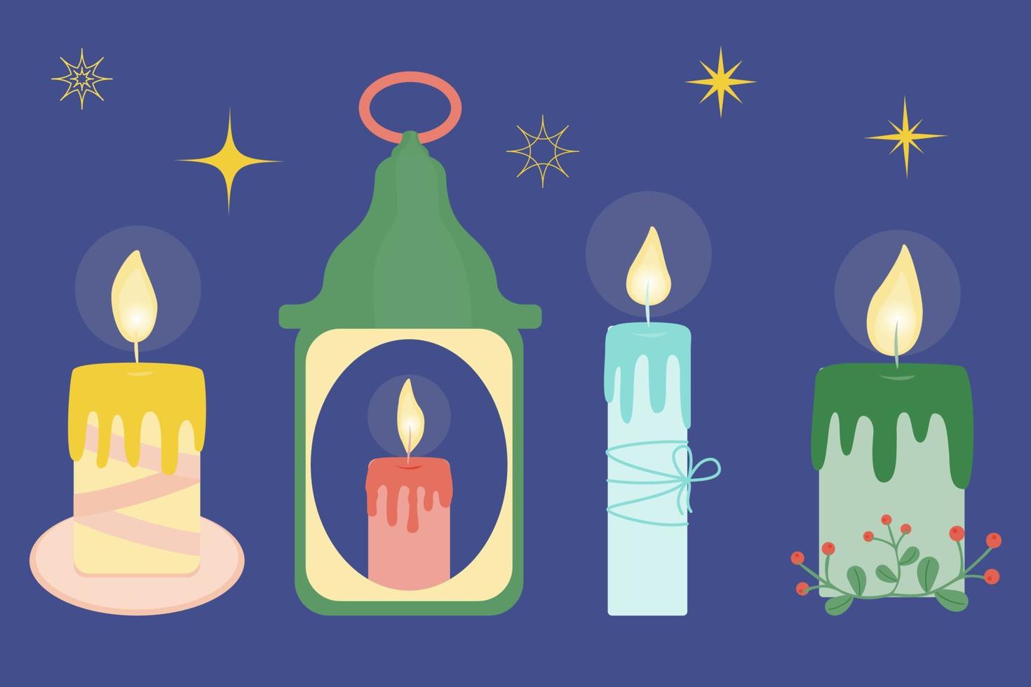 Christmas set of wax candles and stars. Vector drawing.