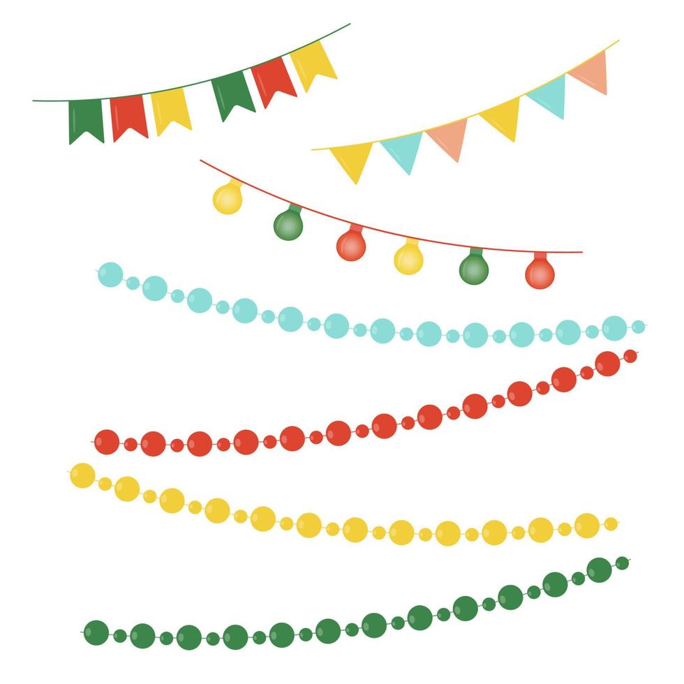 A set of Christmas tree garlands of lanterns and flags. A set of Christmas tree beads. Decoration for the Christmas tree. Vector drawing.