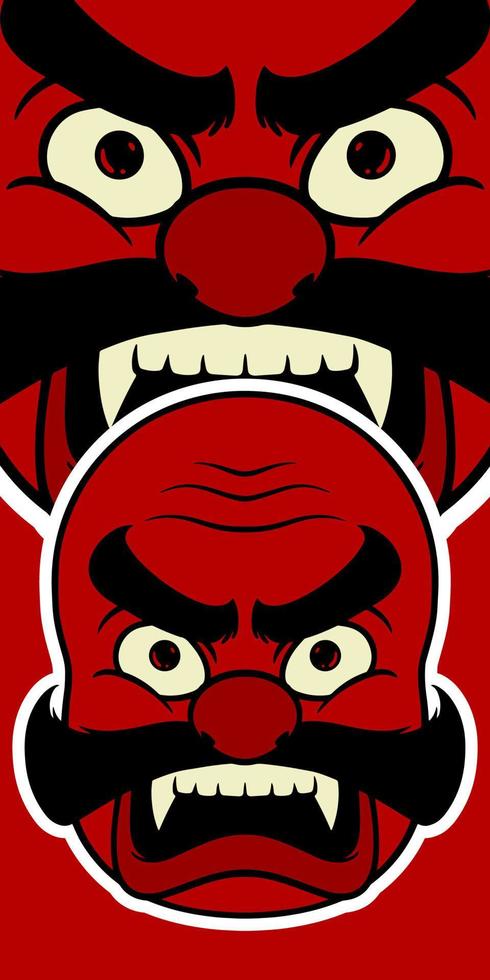 Big red Japanese mask elements isolated on red background. vector