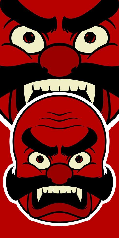 Big red Japanese mask elements isolated on red background. vector