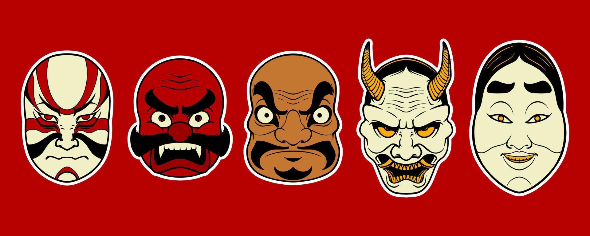 Five scary Japanese mask elements isolated on red background. vector