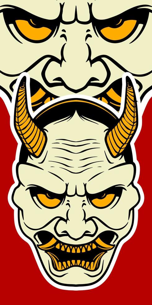 Big white Japanese scary mask elements isolated on red background. vector