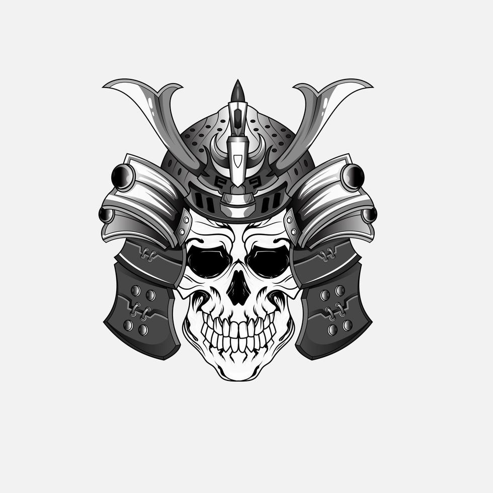 Samurai warrior skull tattoo or Japanese mask and Japan ninja. Japanese samurai warrior skull head with ronin armor sword, kamikaze army shogun demon. vector