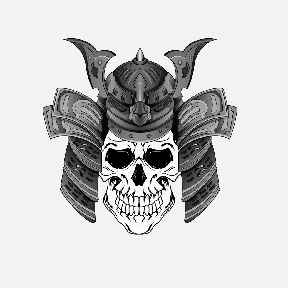 Samurai warrior skull tattoo or Japanese mask and Japan ninja. Japanese samurai warrior skull head with ronin armor sword, kamikaze army shogun demon. vector