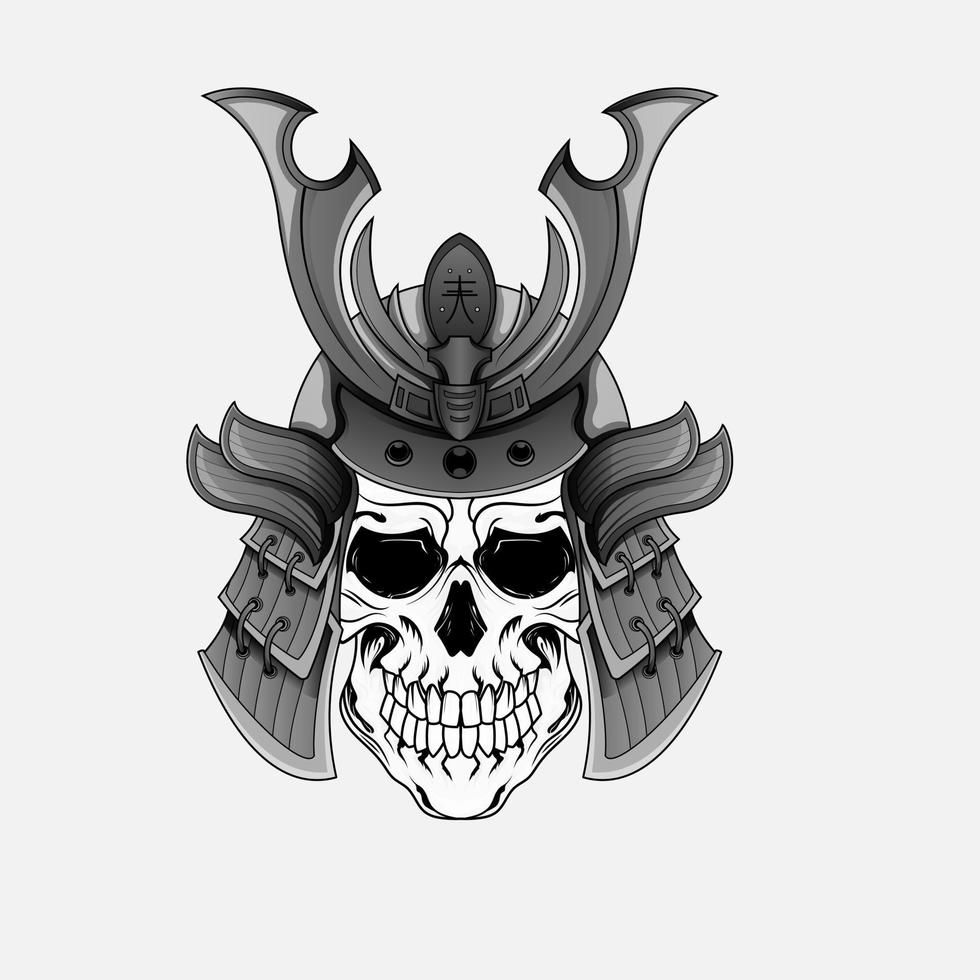 Samurai warrior skull tattoo or Japanese mask and Japan ninja. Japanese samurai warrior skull head with ronin armor sword, kamikaze army shogun demon. vector