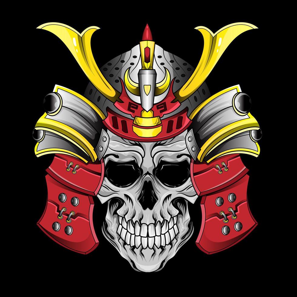 cráneo en casco samurai cráneo japonés cabeza samurai guerrero samurai japonés cabeza de cráneo con armadura ronin espada ilustración vectorial diseño de camiseta vector