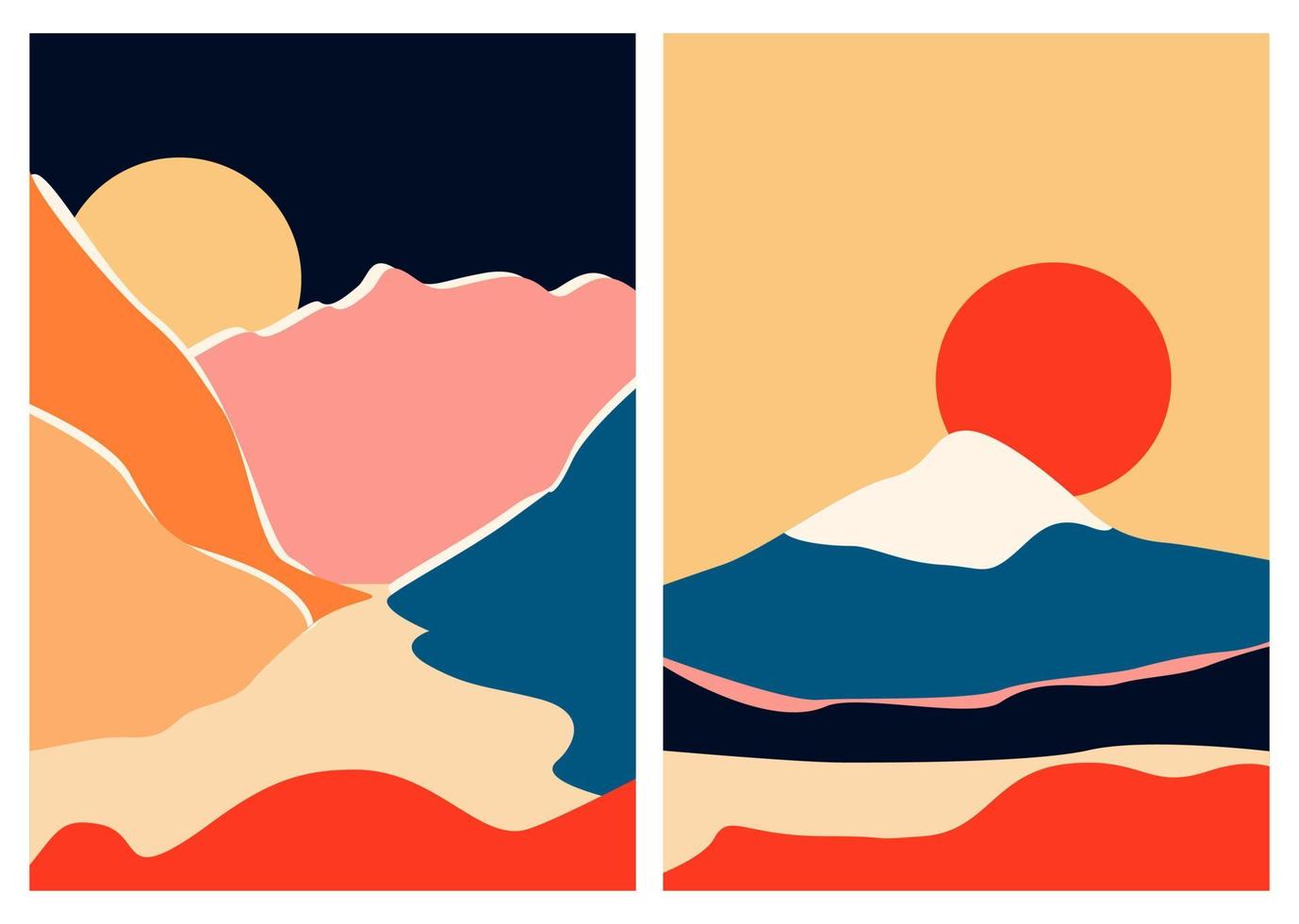 Abstract modern aesthetic background with landscape.  Mid century modern minimalist art print. Boho poster cover. Japanese style. Mountain, hill, lake, sun. Organic form vector