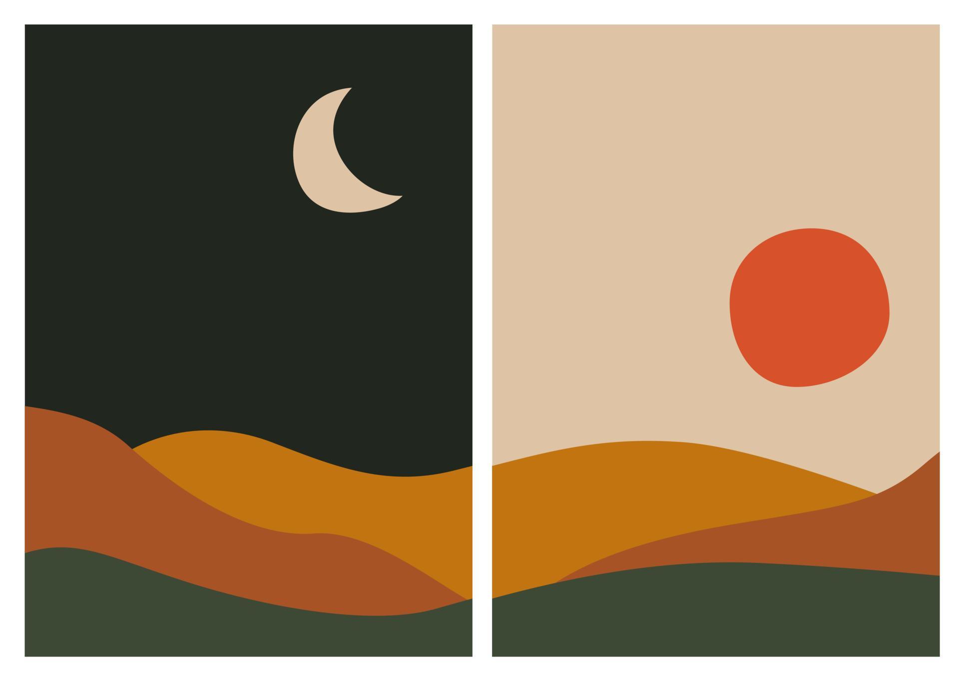 Abstract contemporary landscape posters set. Mid century modern