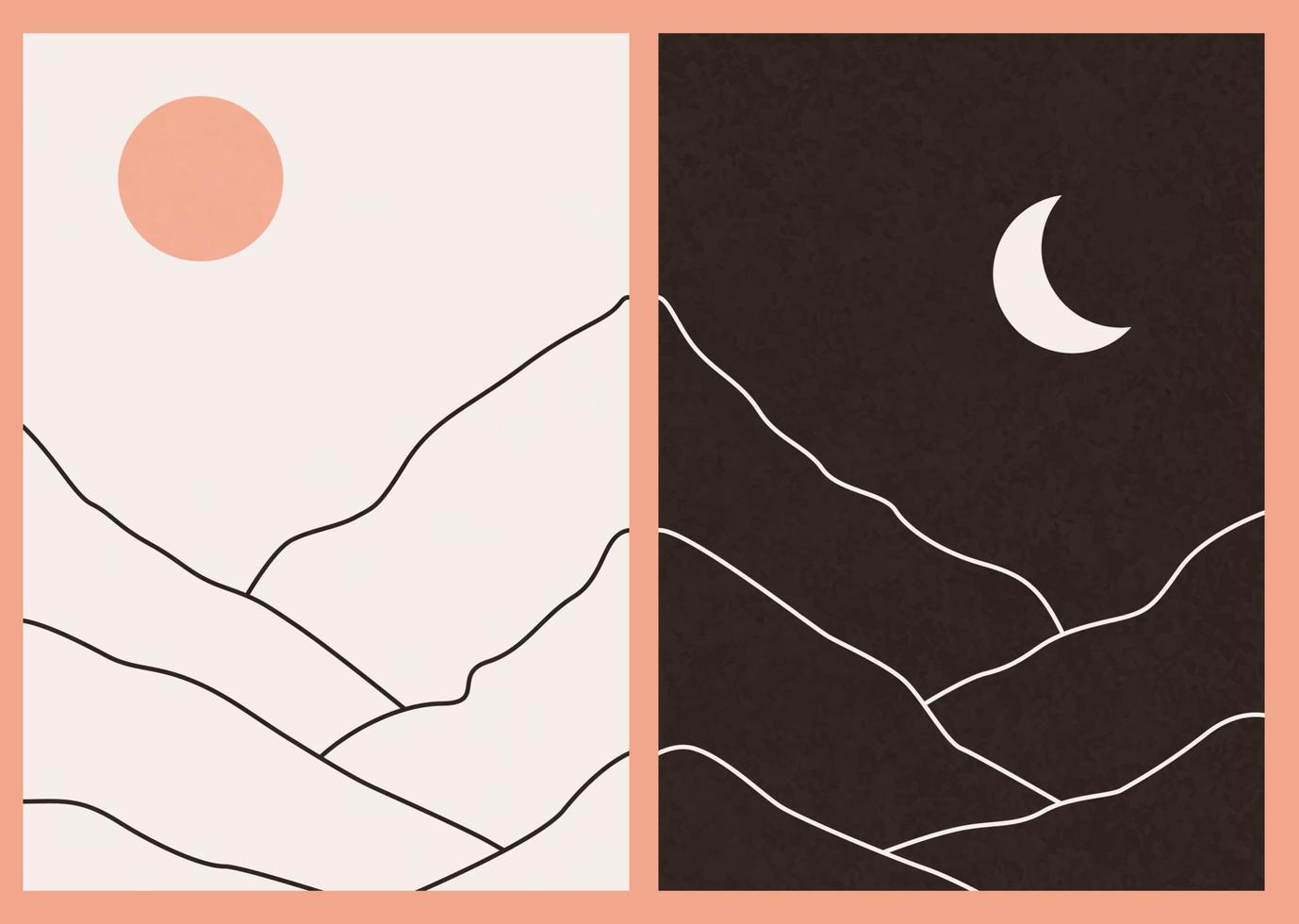 Linear boho landscape. Minimal scene in the mountains day and night. Modern Art. Black and white landscape. Abstract hills. Aesthetic mountains. Vector illustration