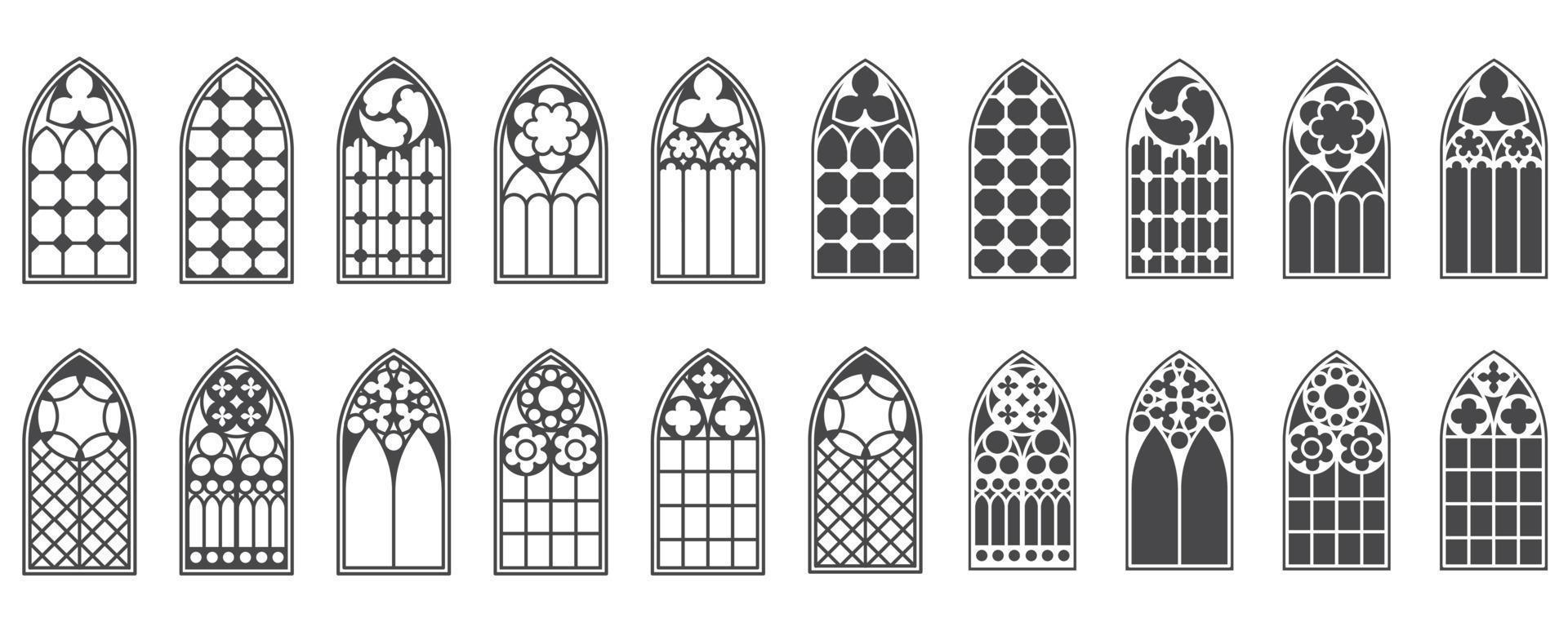 conjunto de ventanas de la iglesia. siluetas de arcos góticos en estilo clásico de línea y glifo. viejos marcos de vidrio de catedral. elementos interiores medievales. vector