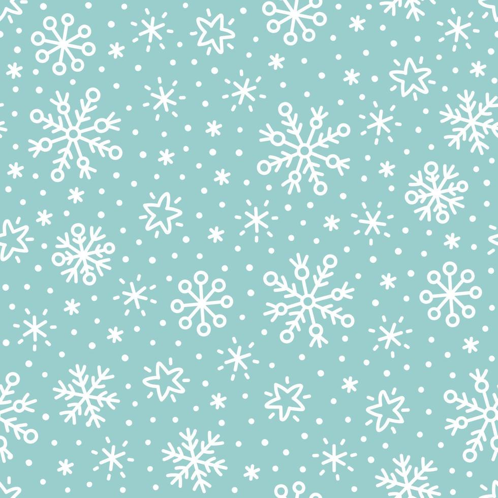 doodle de invierno copos de nieve patrón de vacaciones blanco y azul pastel vector