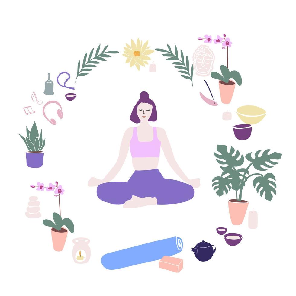 Yoga set. Girl doing yoga. Yoga at home vector