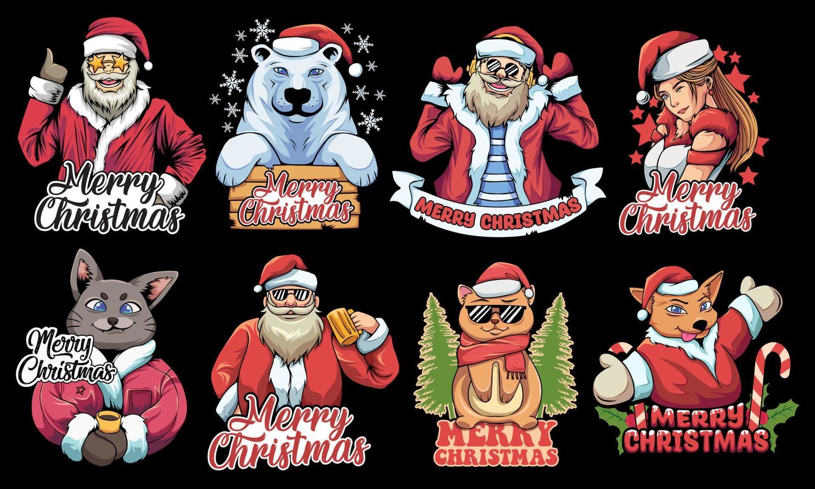 Set of Christmas T shirt Designs Artwork, Christmas T-shirt Designs Bundle, Merry Christmas Vintage Design for Print. Christmas Vector Illustration.