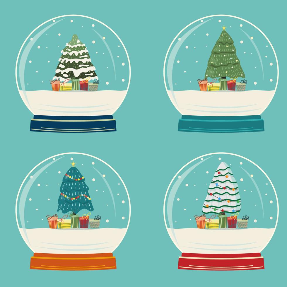 juego de bolas de cristal de navidad con árboles de navidad y regalos vector