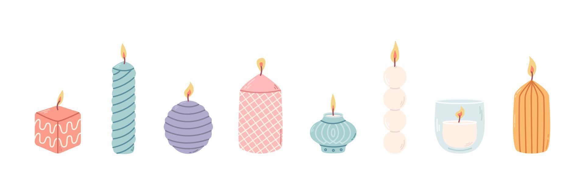 Set of different decorative scented candles in candlesticks for relaxation and spa. Vector flat illustration