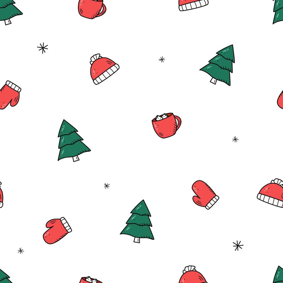 Seamless doodle pattern elements of christmas elements hot chocolate, winter warm clothes, scarf and hat, mittens, Christmas tree. vector
