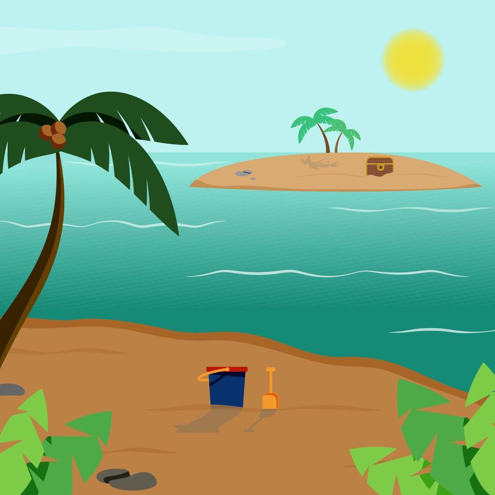 Sandy beach with palm. Island with treasure chest. Holiday destination, paradise, adventure. Tropical island with trees. Vector. vector