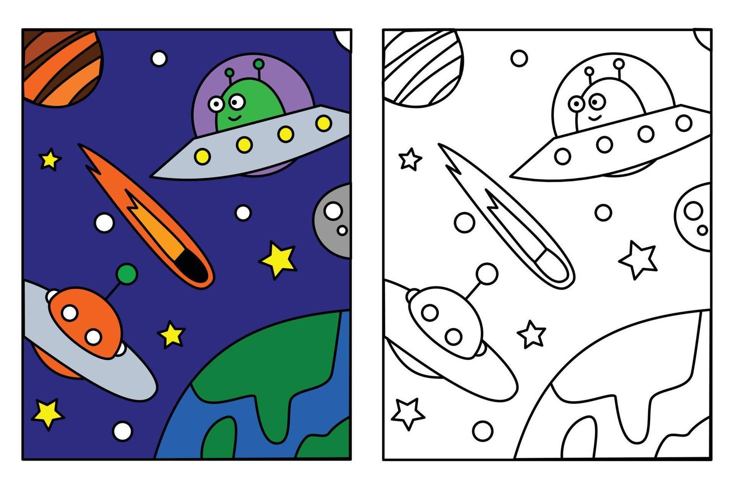 Cute ufo and spaceship flying in space coloring page for kids drawing education. Simple cartoon illustration in fantasy theme for coloring book vector