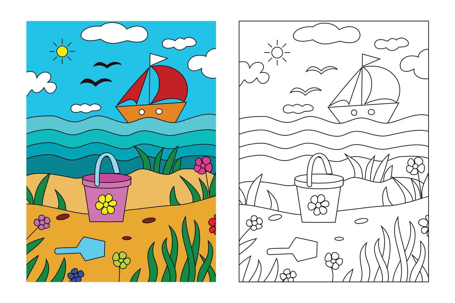 página para colorear de paisaje de playa simple para niños que dibujan educación. ilustración de dibujos animados simple en tema de fantasía para libro de colorear vector