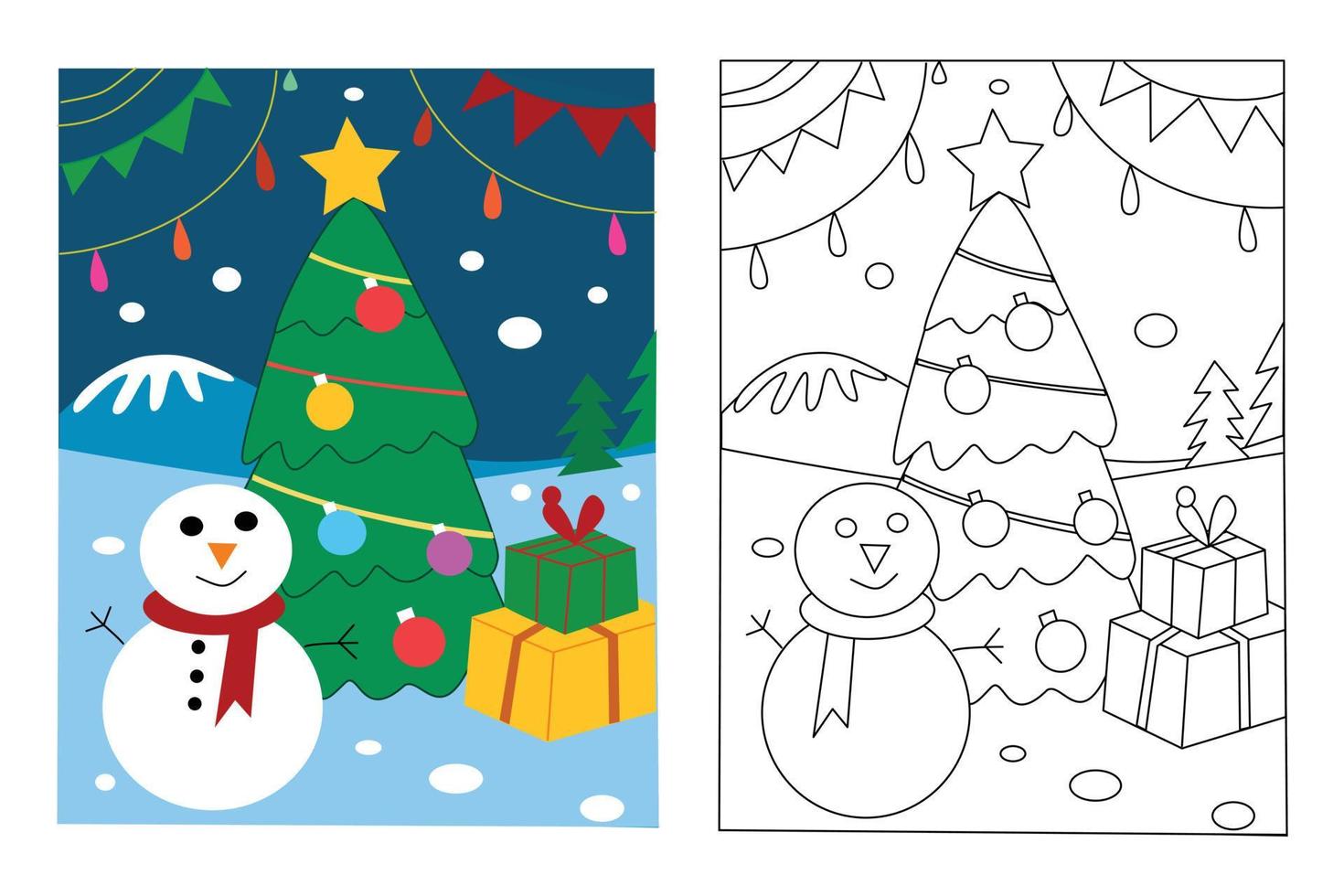 Página para colorear de muñeco de nieve y pino navideño para niños que dibujan educación. ilustración de dibujos animados simple en tema de fantasía para libro de colorear vector