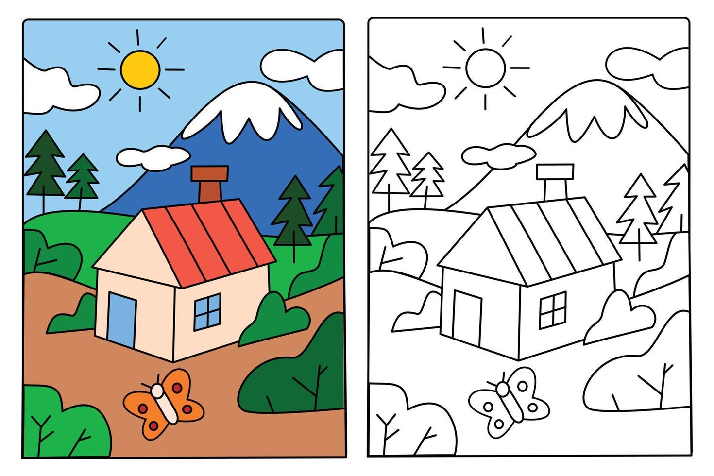 casa sencilla en el campo con un hermoso paisaje página para colorear para niños dibujo educación. ilustración de dibujos animados simple en tema de fantasía para libro de colorear vector