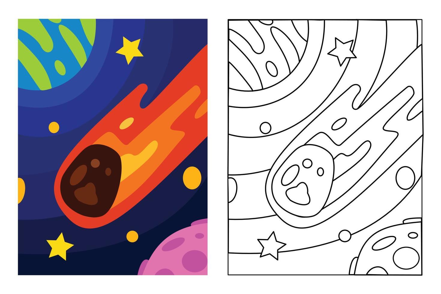 Meteor cross the space coloring page for kids drawing education. Simple cartoon illustration in fantasy theme for coloring book vector