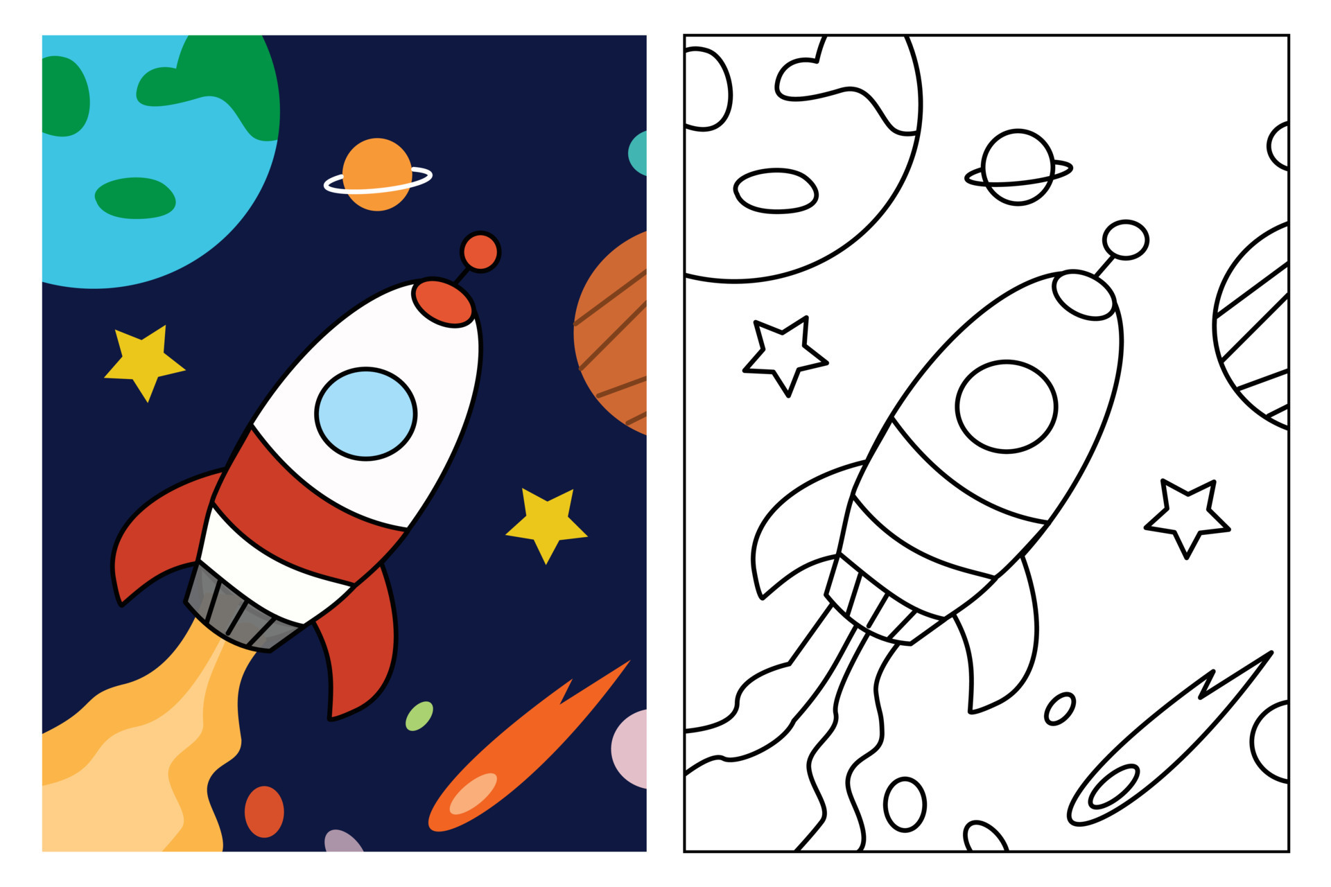 Simple Rocket in space coloring page for kids drawing education. Simple
