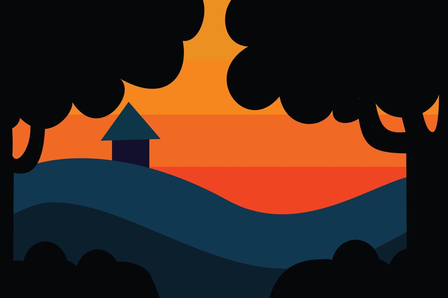 Sunset in countryside with flat design landscape illustration vector