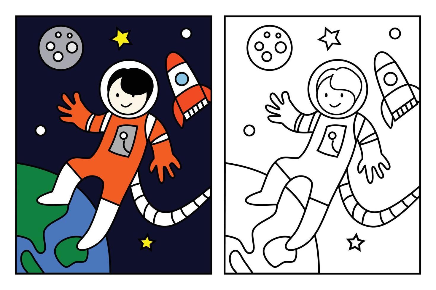 Astronaut flying in the space coloring page for kids drawing education. Simple cartoon illustration in fantasy theme for coloring book vector