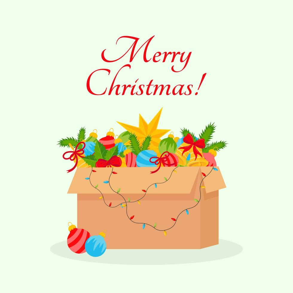 Greeting card with Christmas decorations in a box. Vector illustration.