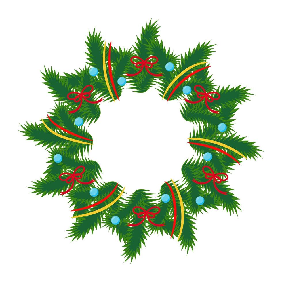Christmas wreath with ribbons, balls and a bow. Vector illustration.