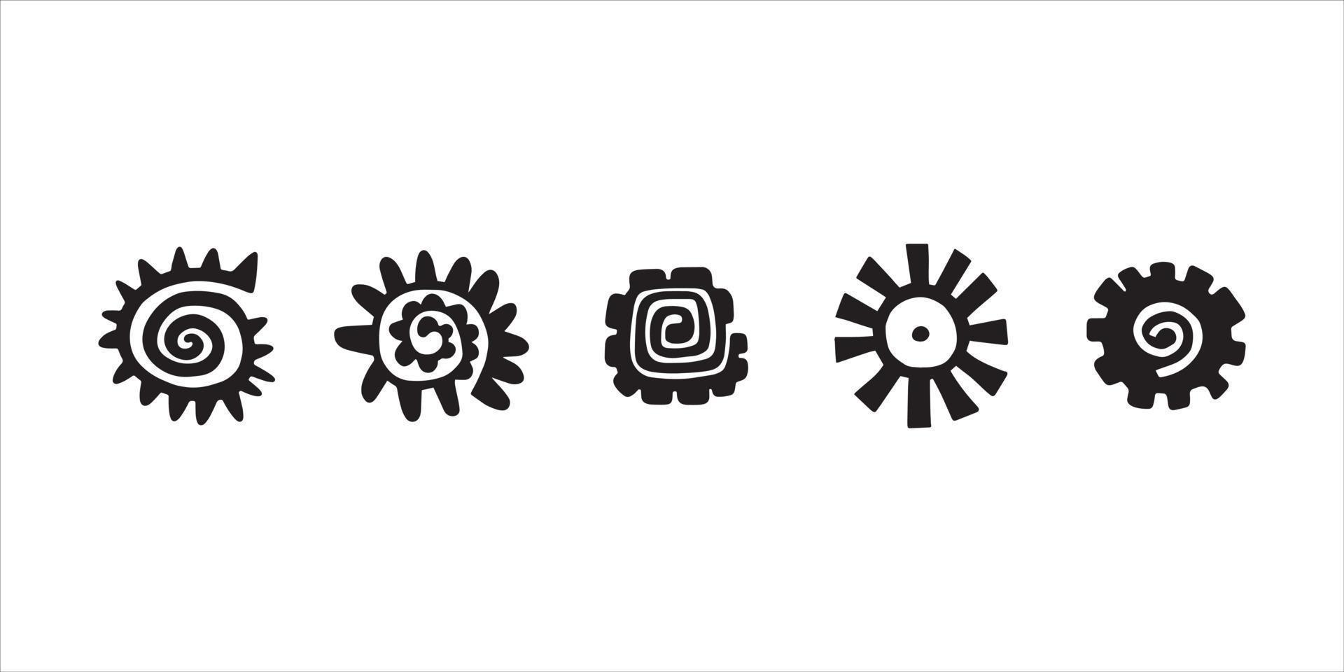 Set of abstract sun symbols. Hand drawn picture of primitive tribes. Vector illustration in ethnic style