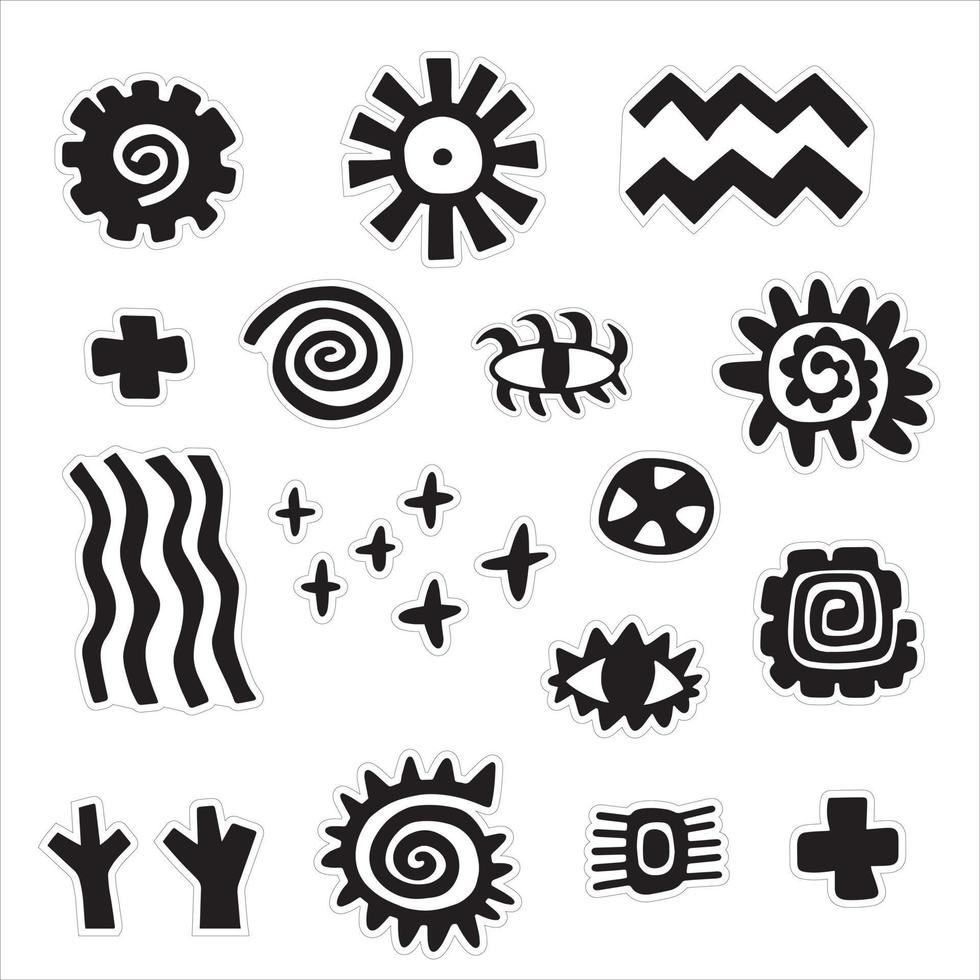 Set of abstract symbols like sun, water, eye. Hand drawn picture of primitive tribes. Vector illustration