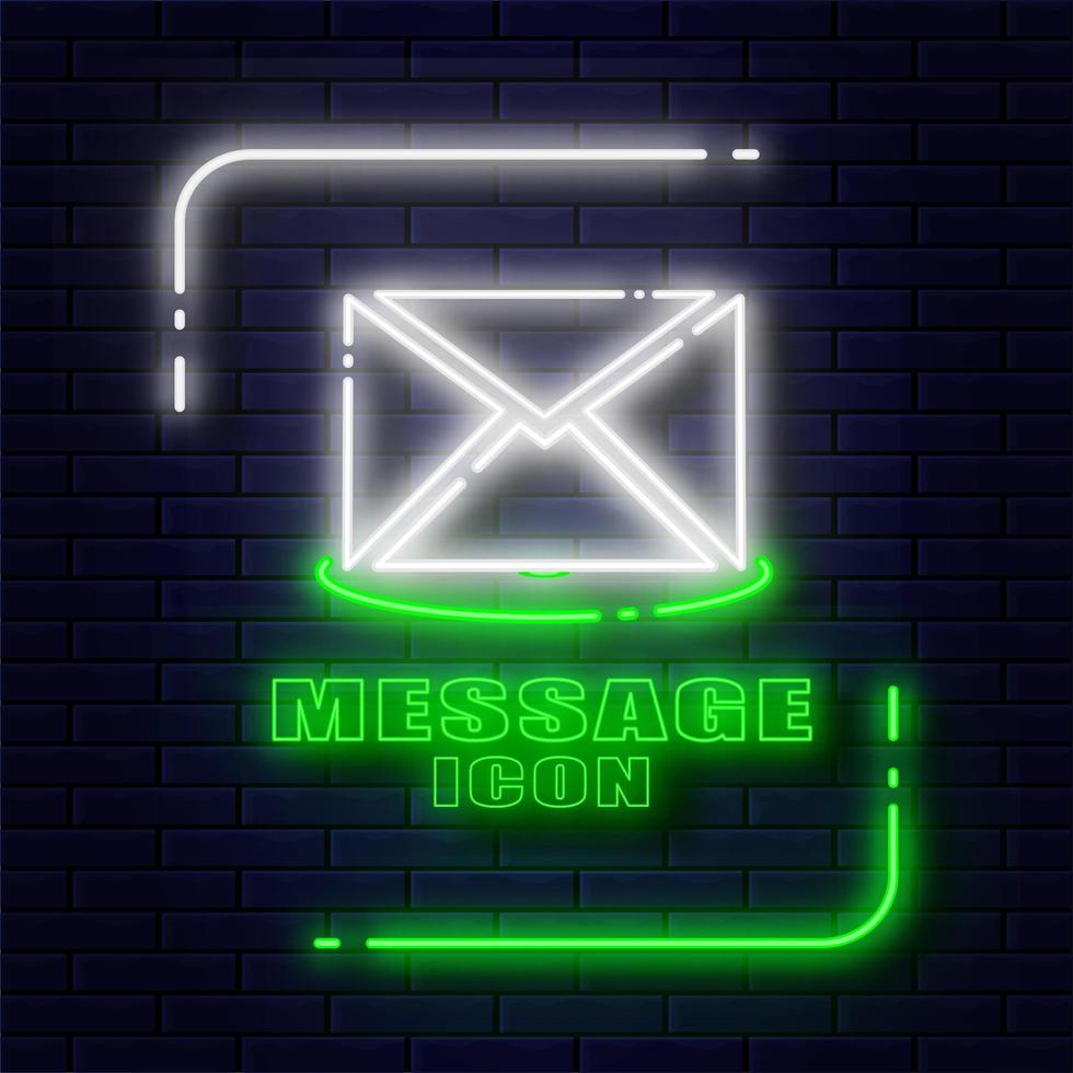 modern message icon with white and green glowing neon lines isolated on dark brick wall background vector