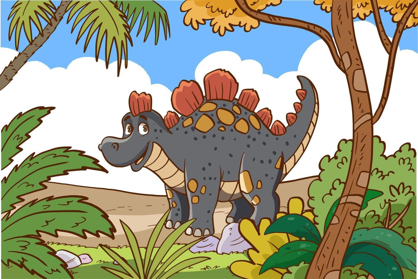 dinosaurio feliz de dibujos animados en la selva vector