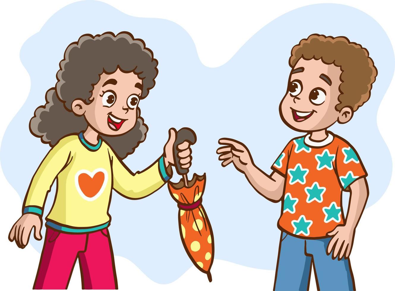 ilustración vectorial de niña dando paraguas a su amiga vector