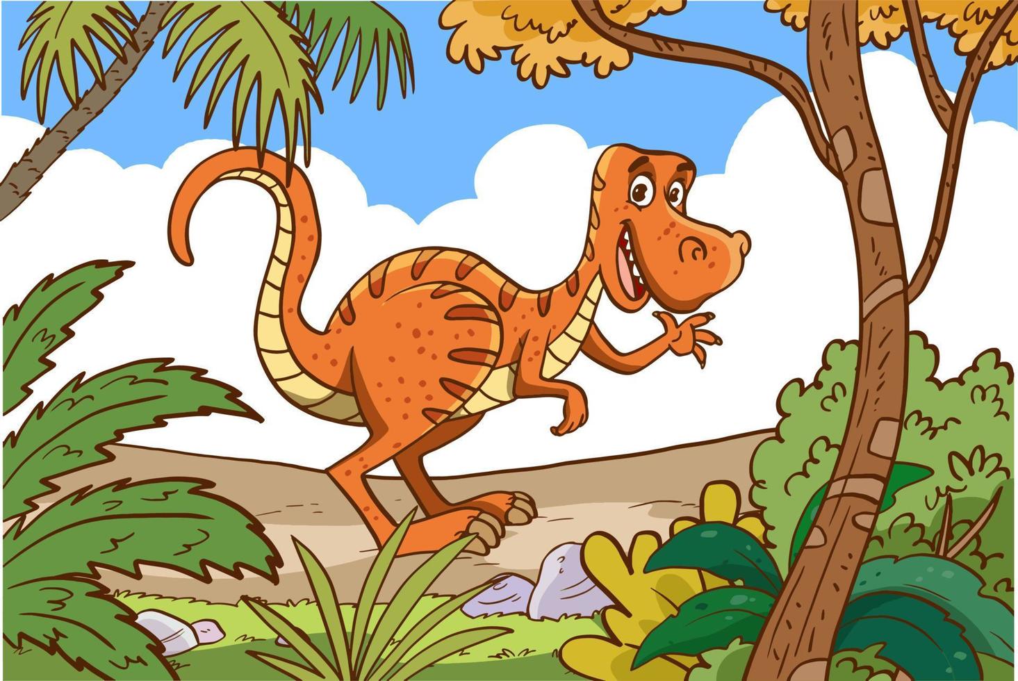 dinosaurio feliz de dibujos animados en la selva vector