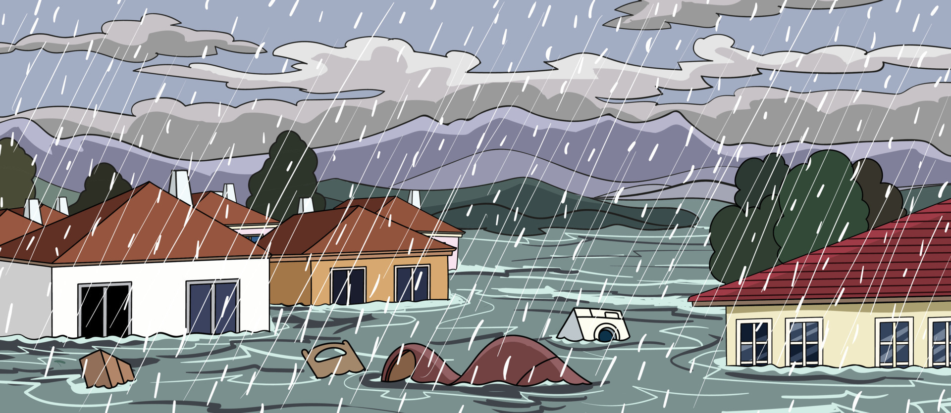 Flood in town, river water stream flow at city street with cottage houses.  Natural disaster with rain and storm at countryside area with flooded  buildings, climate change. Cartoon vector illustration 14016830 Vector