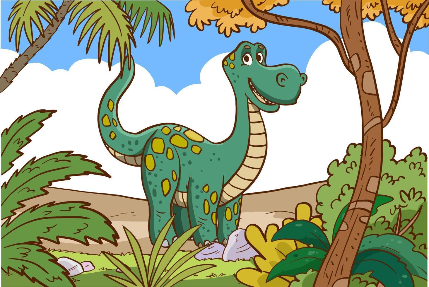 dinosaurio feliz de dibujos animados en la selva vector