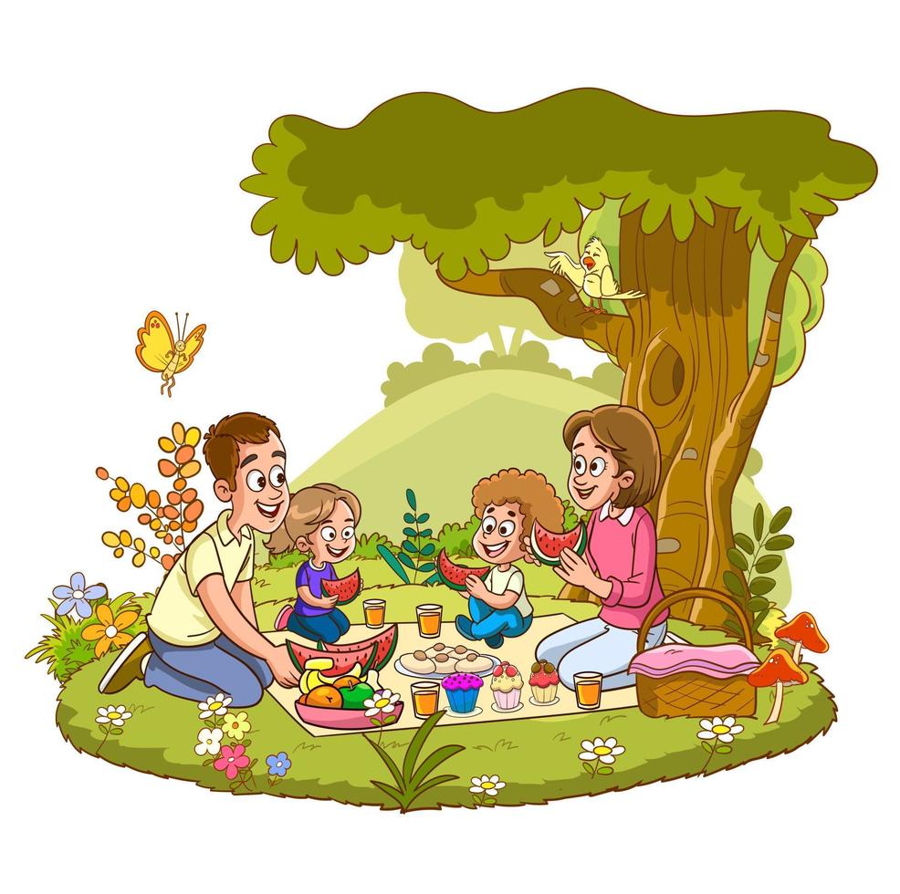 Happy family on a picnic. Dad, mom, son and daughter are resting in nature. Vector illustration in a flat style