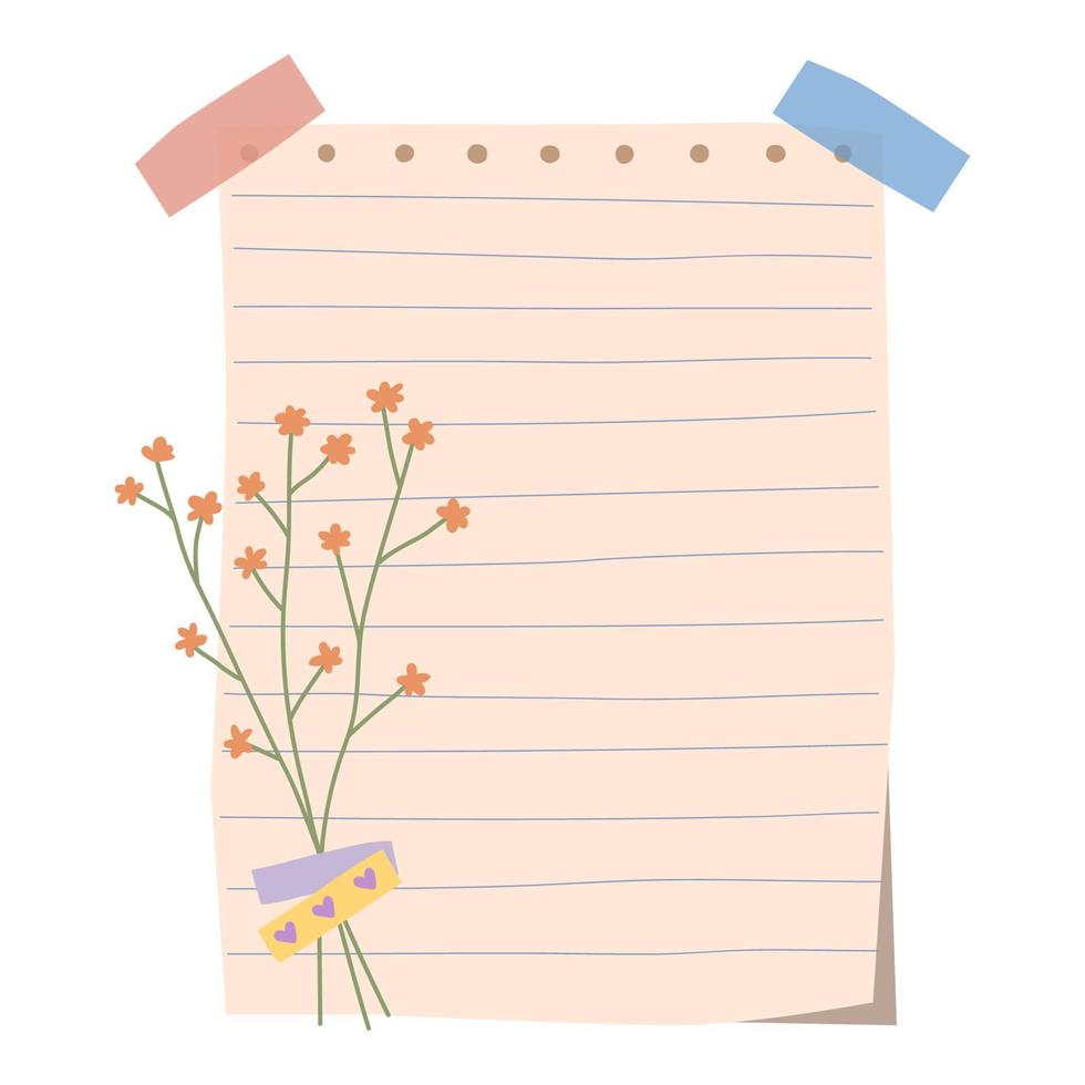 Notebook sheet with dried flower, washi tape. Hand drawn vector illustration. Isolated on white background