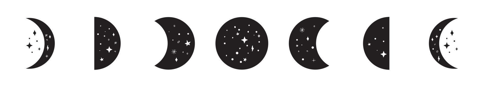 Moon phases silhouettes with stars. Crescent, new, full, surface and eclipse. vector