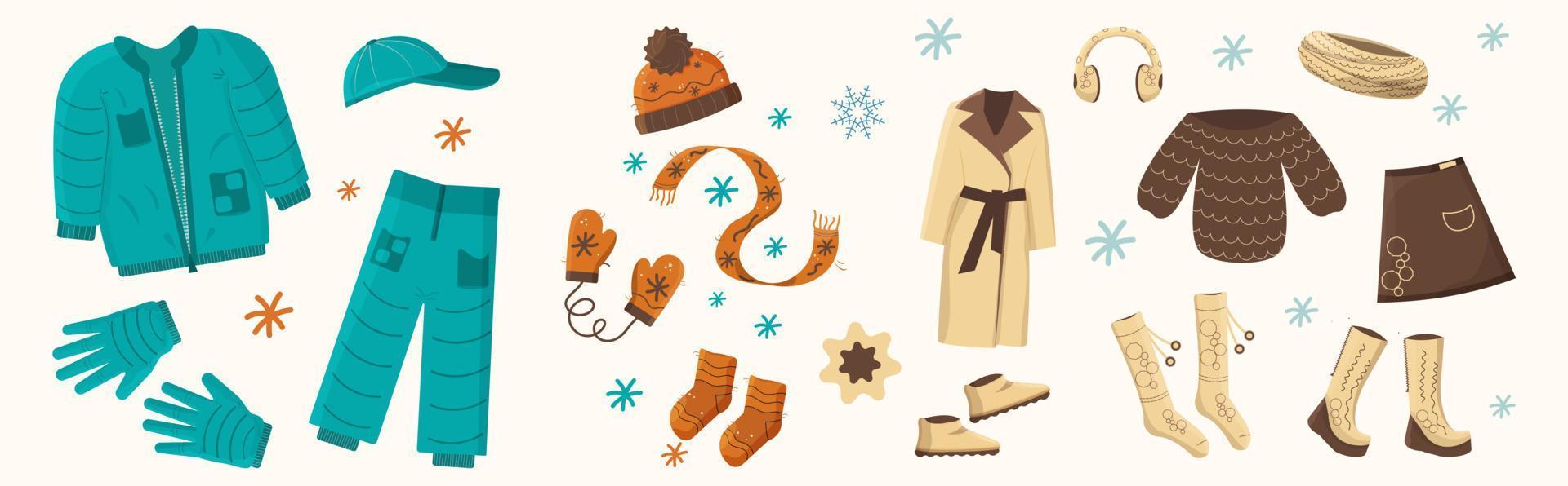 Big set winter and autumn clothes. Vector illustration. Aquamarine, beige, brown, orange colors