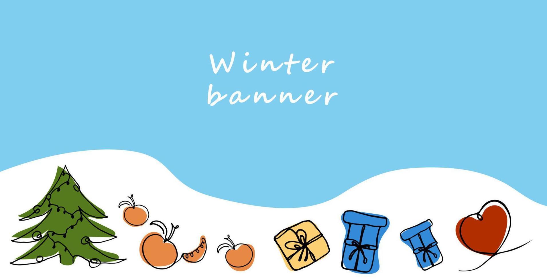 Winter web banner blue and white. With snowdrifts and place for text. Vector illustration. Colored doodle elements of Christmas tree, gift, tangerine and heart.
