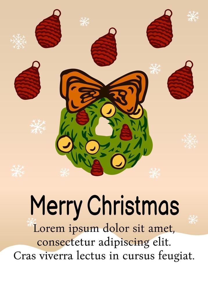 Christmas beige card template. Doodle colors elements. Yellow, dark red and green colors. Vector illustration.