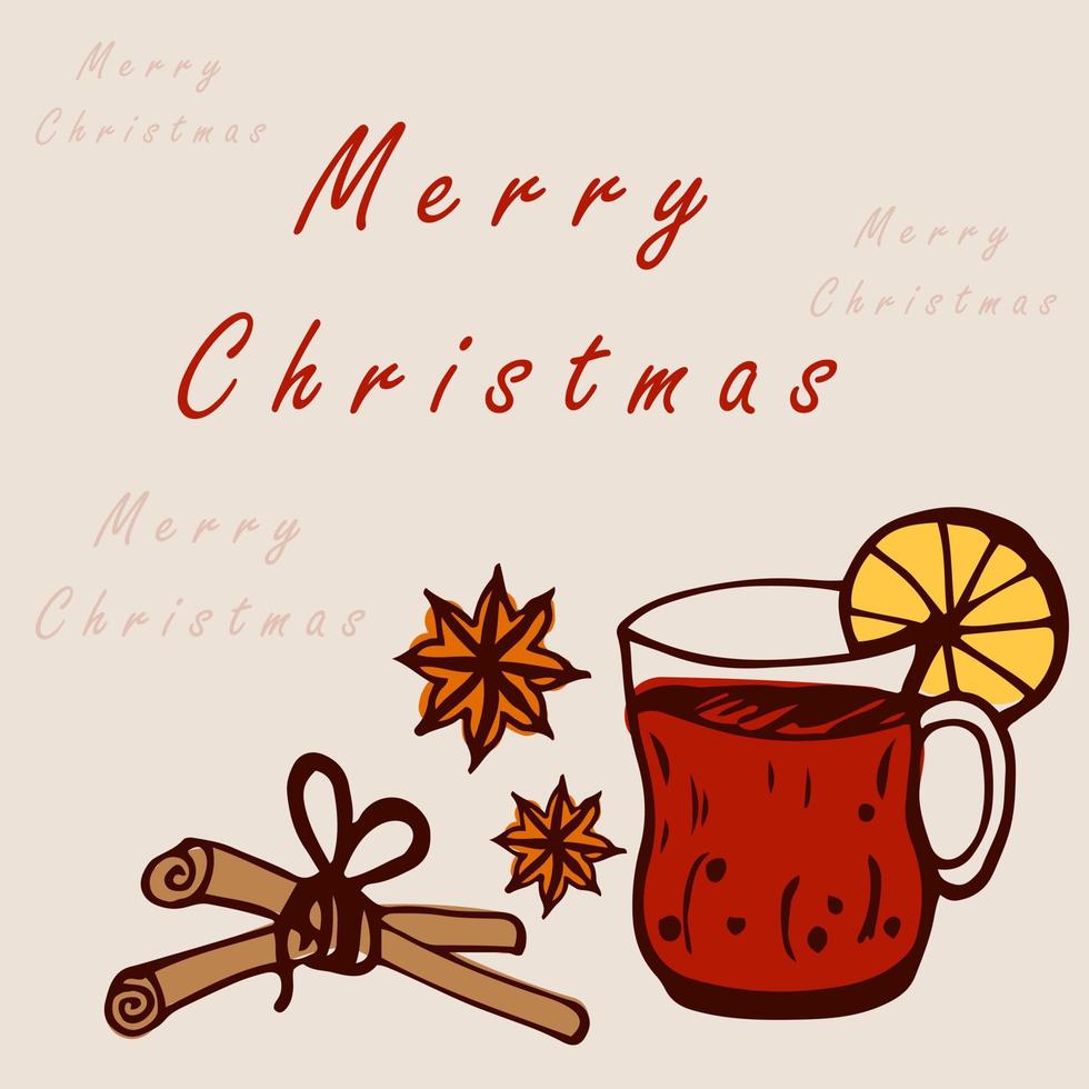 Christmas card drinks and spices. Beige, red, orange color doodle style. Cup with hot drink, orange, cinnamon sticks, vanilla. Vector illustration.