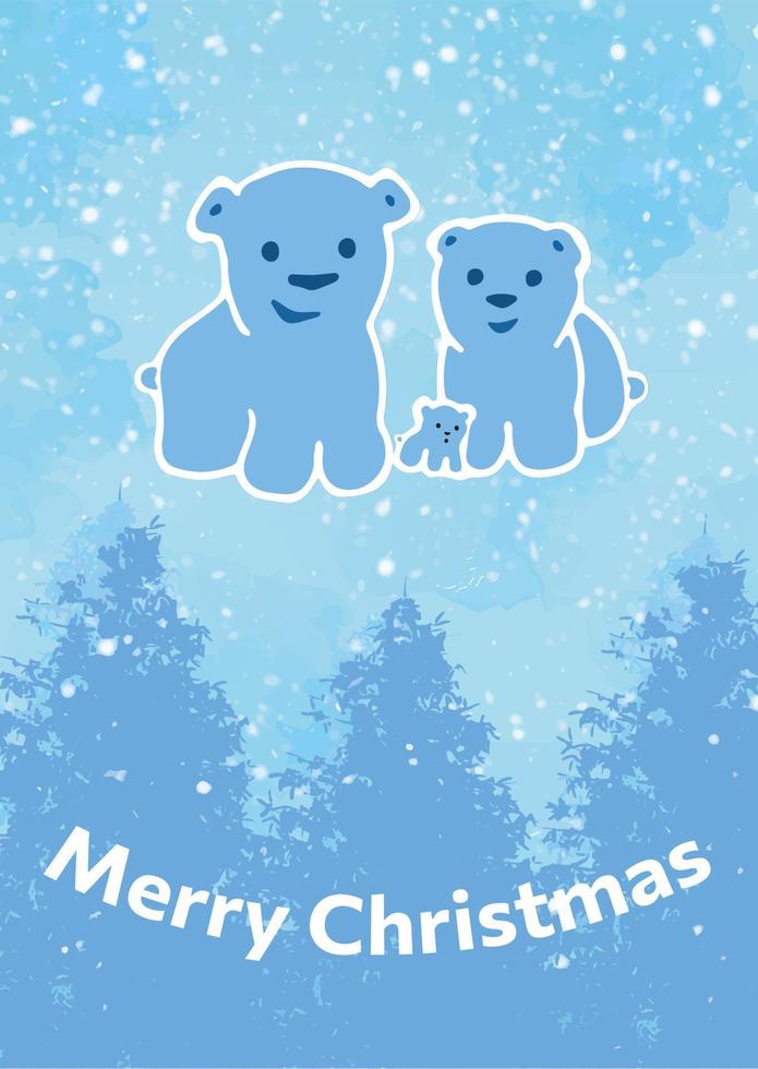 Christmas card bear family. Blue color. Background with christmas trees and snowfall. Vector illustration.