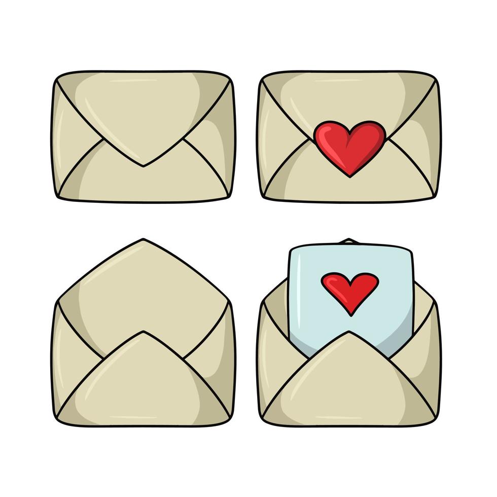 A set of colored icons, a romantic vintage envelope, a letter for a declaration of love, a vector illustration in cartoon style on a white background