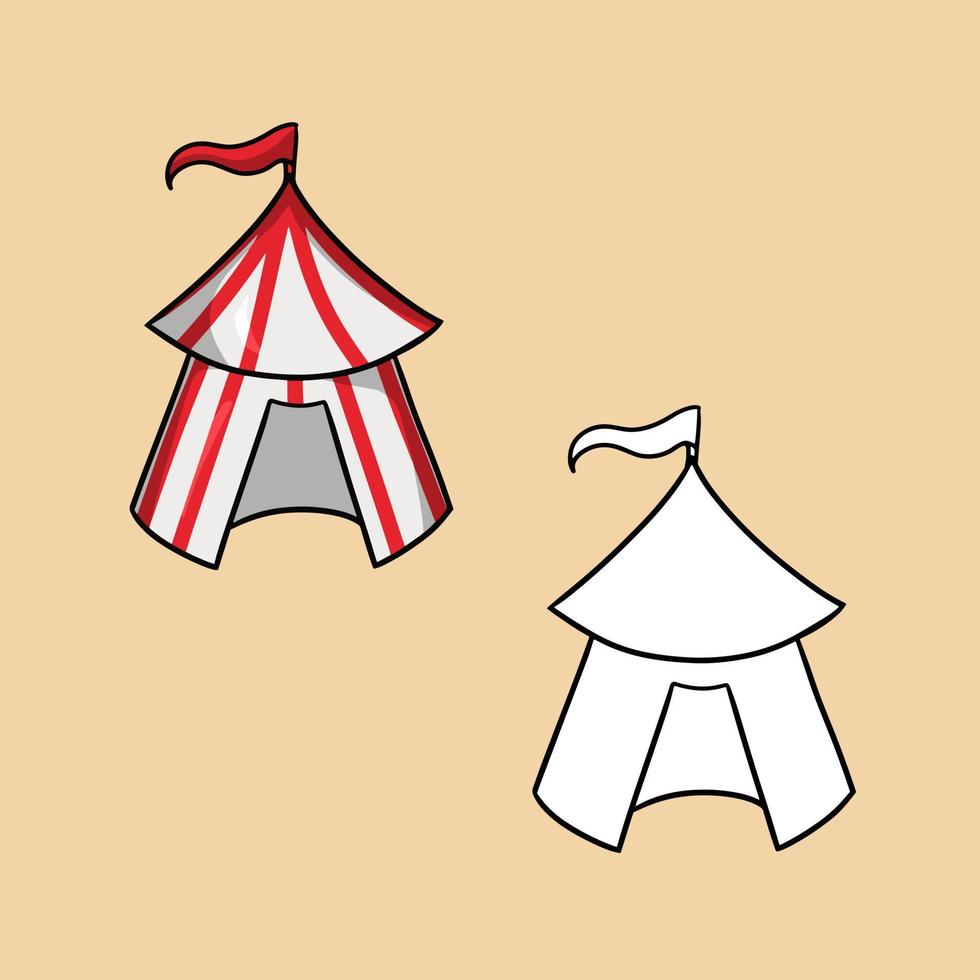 A set of images, a circus tent with red stripes, with a flag, a vector illustration in cartoon style on a colored background