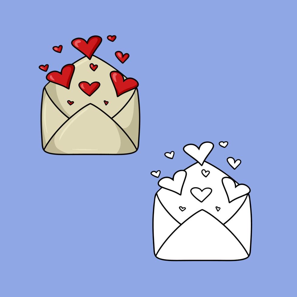 A set of images, a romantic open envelope with hearts, a letter for a declaration of love, a vector illustration in cartoon style on a colored background